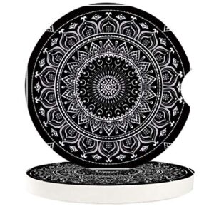Absorbent Car Coasters for Cup Holders Black and White Indian Mandala, Small 2.56inch Ceramic Stone Drink Coaster for Women Men, Hippie Boho Tribal Art Set of 2 Pack