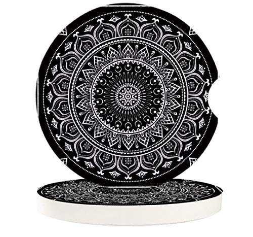 Absorbent Car Coasters for Cup Holders Black and White Indian Mandala, Small 2.56inch Ceramic Stone Drink Coaster for Women Men, Hippie Boho Tribal Art Set of 2 Pack