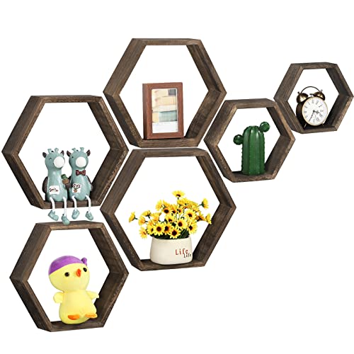 NANANARDOSO Hexagon Shelves for Wall, Pack of 6 Honeycomb Wall Shelves, Wood Farmhouse Storage Home Decor Shelf for Bathroom, Living Room, Office, Bedroom, Driftwood Finish, Brown.