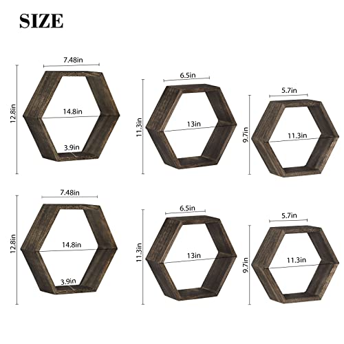 NANANARDOSO Hexagon Shelves for Wall, Pack of 6 Honeycomb Wall Shelves, Wood Farmhouse Storage Home Decor Shelf for Bathroom, Living Room, Office, Bedroom, Driftwood Finish, Brown.