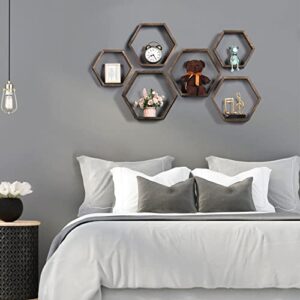 NANANARDOSO Hexagon Shelves for Wall, Pack of 6 Honeycomb Wall Shelves, Wood Farmhouse Storage Home Decor Shelf for Bathroom, Living Room, Office, Bedroom, Driftwood Finish, Brown.