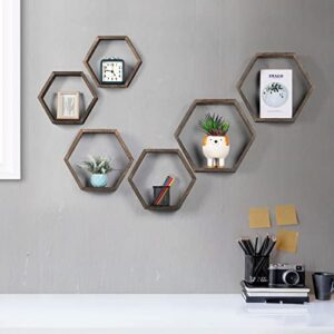 NANANARDOSO Hexagon Shelves for Wall, Pack of 6 Honeycomb Wall Shelves, Wood Farmhouse Storage Home Decor Shelf for Bathroom, Living Room, Office, Bedroom, Driftwood Finish, Brown.