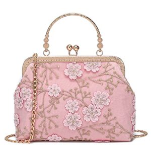 rejolly women vintage kiss lock clutch handbag floral evening purse crossbody shoulder bag with chain strap (pink)