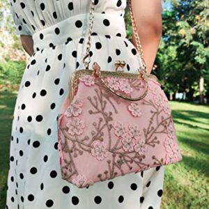 Rejolly Women Vintage Kiss Lock Clutch Handbag Floral Evening Purse Crossbody Shoulder Bag with Chain Strap (Pink)