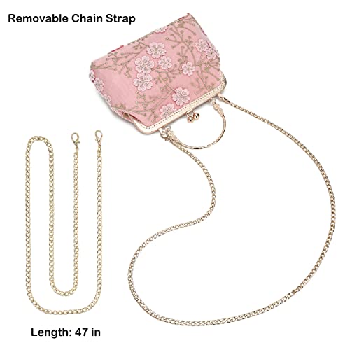 Rejolly Women Vintage Kiss Lock Clutch Handbag Floral Evening Purse Crossbody Shoulder Bag with Chain Strap (Pink)