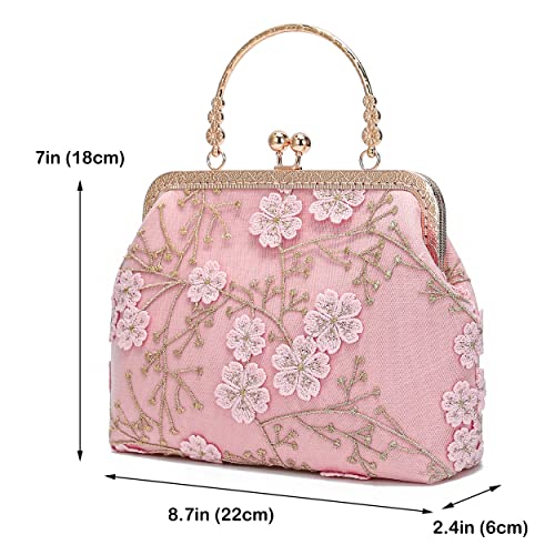 Rejolly Women Vintage Kiss Lock Clutch Handbag Floral Evening Purse Crossbody Shoulder Bag with Chain Strap (Pink)
