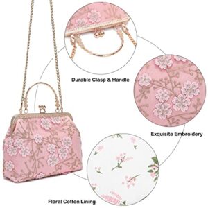 Rejolly Women Vintage Kiss Lock Clutch Handbag Floral Evening Purse Crossbody Shoulder Bag with Chain Strap (Pink)