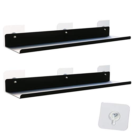 CADOVER 2 Pack 15" Picture Ledge Shelf Wall Mounted Metal Frame, Black Floating Shelves with Self Adhesive for Photo Display