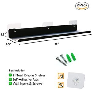 CADOVER 2 Pack 15" Picture Ledge Shelf Wall Mounted Metal Frame, Black Floating Shelves with Self Adhesive for Photo Display