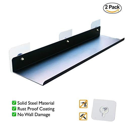 CADOVER 2 Pack 15" Picture Ledge Shelf Wall Mounted Metal Frame, Black Floating Shelves with Self Adhesive for Photo Display