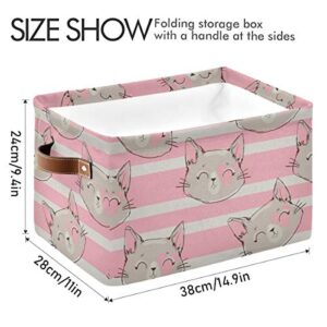 AGONA Cute Cats Animal Pink Striped Foldable Storage Bins Large Collapsible Fabric Storage Baskets with Leather Handles Organizing Box for Shelves Home Bedroom Nursery Office 2 Pack