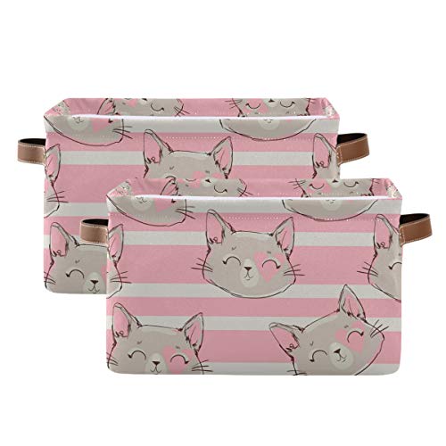 AGONA Cute Cats Animal Pink Striped Foldable Storage Bins Large Collapsible Fabric Storage Baskets with Leather Handles Organizing Box for Shelves Home Bedroom Nursery Office 2 Pack