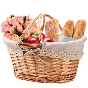 peohud wicker picnic basket, woven empty easter basket for gifts, picnic hamper with double folding handles, willow garden harvest basket with linen for candy, egg gathering, toys, wedding