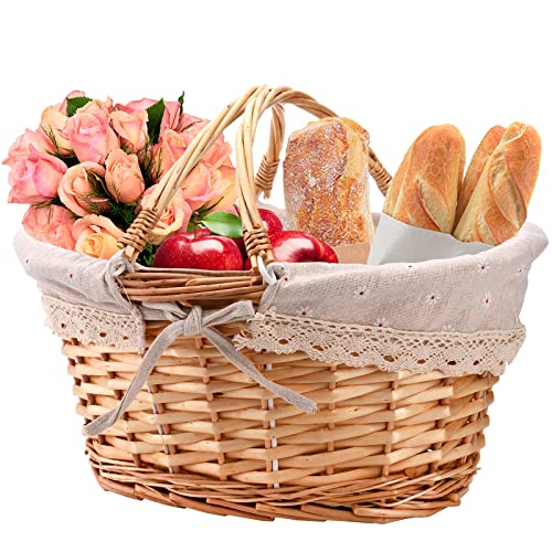 Peohud Wicker Picnic Basket, Woven Empty Easter Basket for Gifts, Picnic Hamper with Double Folding Handles, Willow Garden Harvest Basket with Linen for Candy, Egg Gathering, Toys, Wedding