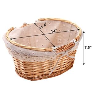 Peohud Wicker Picnic Basket, Woven Empty Easter Basket for Gifts, Picnic Hamper with Double Folding Handles, Willow Garden Harvest Basket with Linen for Candy, Egg Gathering, Toys, Wedding