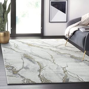 Abani 5'3"x7'6" (5x8) Contemporary Grey & Metallic Gold Area Rug, Non-Shed Modern Rugs Marble Print Dining Room Rug