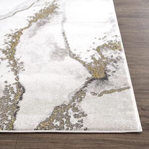 Abani 5'3"x7'6" (5x8) Contemporary Grey & Metallic Gold Area Rug, Non-Shed Modern Rugs Marble Print Dining Room Rug