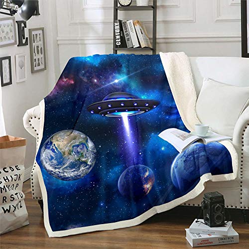 Dark Blue Galaxy Print Sherpa Fleece Blanket 3D Planets Twinkling Stars Nebula Throw Blanket Kids Teens Adults Mysterious Universe UFO Fuzzy Soft Blanket Bed Couch,Twin (60 x 80 Inches)
