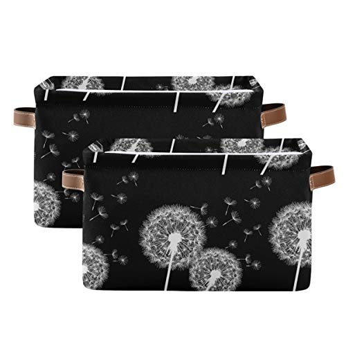 AGONA White Flower Dandelion Black Foldable Storage Bins Large Collapsible Fabric Storage Baskets with Leather Handles Organizing Box for Shelves Home Bedroom Nursery Office 2 Pack