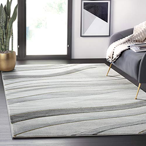 Abani Grey & White Rugs Modern Linear Design Bedroom Rug, Contemporary Line Art 5'3" X 7'6" (5x8) Non-Shed Area Rug