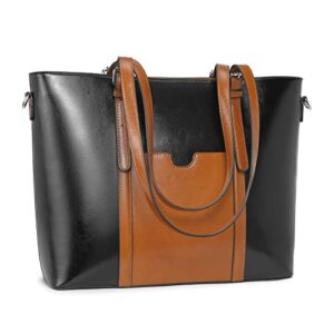 bromen leather women handbag large work tote purse fit up to 15.6 inch black with brown
