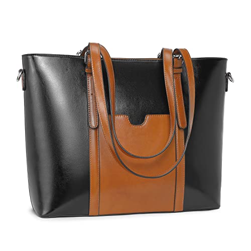 BROMEN Leather Women Handbag Large Work Tote Purse Fit Up to 15.6 inch Black with Brown