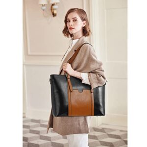 BROMEN Leather Women Handbag Large Work Tote Purse Fit Up to 15.6 inch Black with Brown