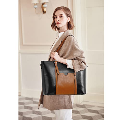 BROMEN Leather Women Handbag Large Work Tote Purse Fit Up to 15.6 inch Black with Brown