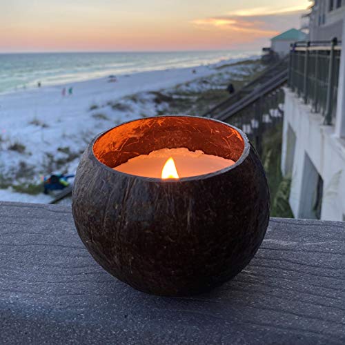 Coconut Bowl Candle with Wooden Wick - Palm Wax, Eco-Friendly, Tropical Beach and Ocean Decor (Vanilla Scent)