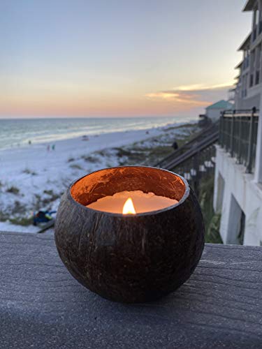 Coconut Bowl Candle with Wooden Wick - Palm Wax, Eco-Friendly, Tropical Beach and Ocean Decor (Vanilla Scent)