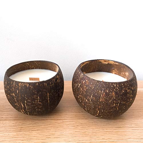 Coconut Bowl Candle with Wooden Wick - Palm Wax, Eco-Friendly, Tropical Beach and Ocean Decor (Vanilla Scent)