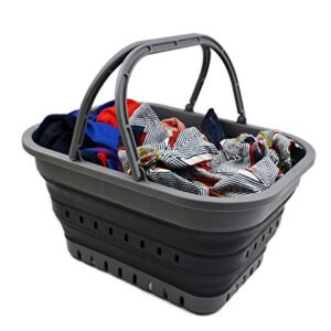 SAMMART 19L (5 Gallon) Collapsible Tub with Handle - Portable Outdoor Picnic Basket/Crater - Foldable Shopping Bag - Space Saving Storage Container (Black) (1, Grey/Black)