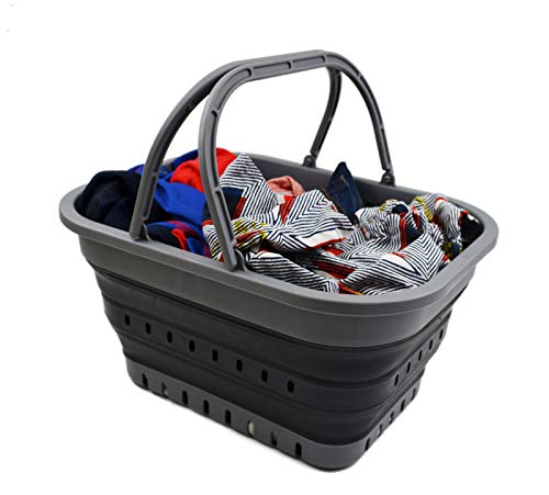 SAMMART 19L (5 Gallon) Collapsible Tub with Handle - Portable Outdoor Picnic Basket/Crater - Foldable Shopping Bag - Space Saving Storage Container (Black) (1, Grey/Black)