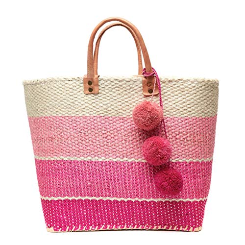 Mar Y Sol Samana Ombre Stripe Sisal Market Tote Straw Beach Bag w Pom Pom (Pink)