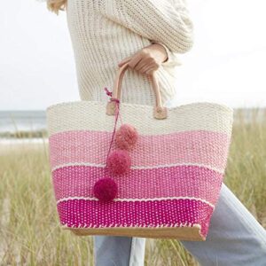 Mar Y Sol Samana Ombre Stripe Sisal Market Tote Straw Beach Bag w Pom Pom (Pink)