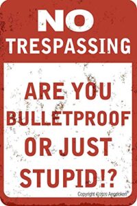 angeloken new metal tin sign retro vintage-no trespassing-are you bulletproof or just stupid!?-aluminum sign for home coffee wall decor 8×12 inch