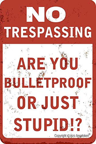 Angeloken New Metal Tin Sign Retro Vintage-No Trespassing-are You Bulletproof Or Just Stupid!?-Aluminum Sign for Home Coffee Wall Decor 8x12 Inch