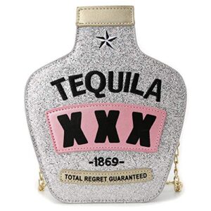 ondeam tequila bottle shaped laser shoulder handbags,pu crossbody purse for women(silver b)
