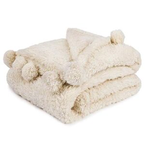 pavilia cream sherpa throw blanket for couch, pom pom | fluffy plush soft blanket for sofa bed | shaggy warm fuzzy fleece blanket | cozy decorative beige ivory pompom throw, 50×60