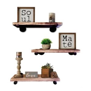 Ty Creations Floating Shelves with Industrial Pipe Brackets Home, Set of 3, Rustic Wall Mounted Wood Shelving Storage Home Decor for Bathroom, Kitchen, Bedroom, Living Room, Office