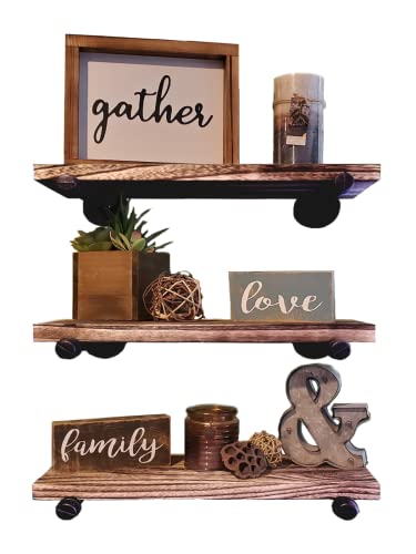 Ty Creations Floating Shelves with Industrial Pipe Brackets Home, Set of 3, Rustic Wall Mounted Wood Shelving Storage Home Decor for Bathroom, Kitchen, Bedroom, Living Room, Office