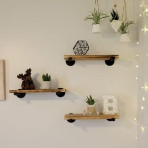 Ty Creations Floating Shelves with Industrial Pipe Brackets Home, Set of 3, Rustic Wall Mounted Wood Shelving Storage Home Decor for Bathroom, Kitchen, Bedroom, Living Room, Office