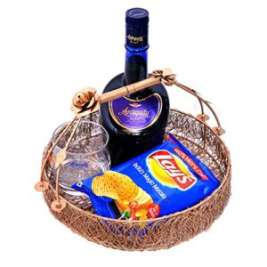 jaipurhandicraftsgallery Indian Handcrafted Iron Hand Painted Wire Round Basket with Handle Multi Purpose Use Home Decor