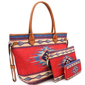 boho tassel leaf charm aztec & stripe print canvas satchel tote handbag purse (extra large 3 in 1 tote – red/blue pattern)
