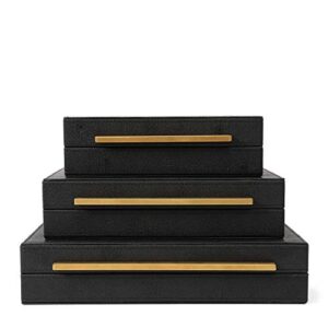 kingflux faux black shagreen leather set of 3 pcs decorative boxes, storage boxes jewelry organizer, men’s accessory organizer (black)