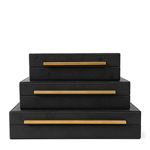 Kingflux Faux Black Shagreen Leather Set of 3 Pcs Decorative Boxes, Storage Boxes Jewelry Organizer, Men's Accessory Organizer (Black)