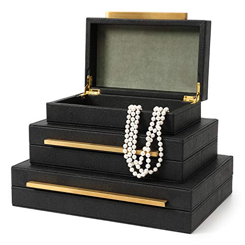 Kingflux Faux Black Shagreen Leather Set of 3 Pcs Decorative Boxes, Storage Boxes Jewelry Organizer, Men's Accessory Organizer (Black)