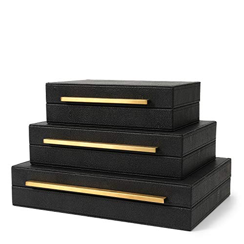 Kingflux Faux Black Shagreen Leather Set of 3 Pcs Decorative Boxes, Storage Boxes Jewelry Organizer, Men's Accessory Organizer (Black)