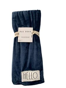 rae dunn luxury velvet soft plush throw blanket with sentiment patch embroidered hello | rich royal blue