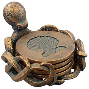 octopus coaster set – nautical ocean beach sea shell coastal decor – bronze / verdigris finish